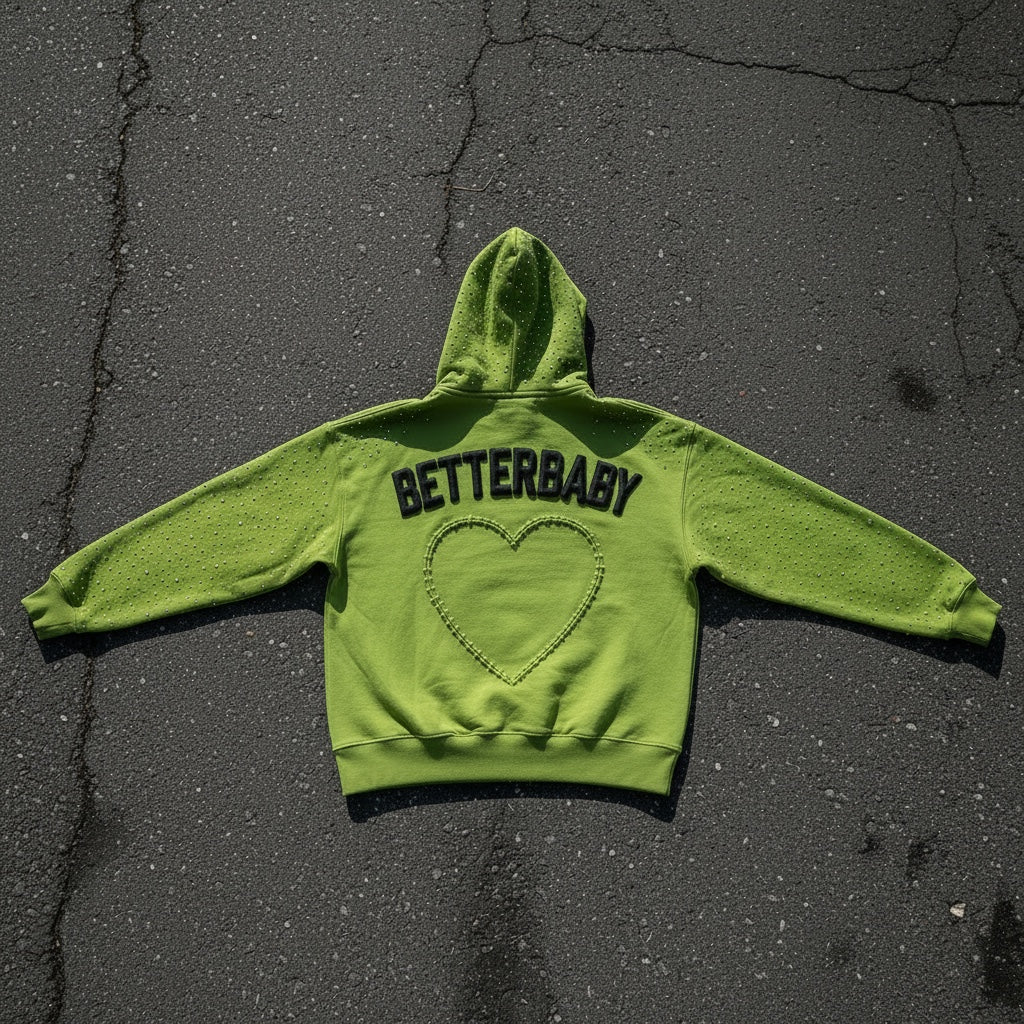 TCBetterBaby green rhinestone hoodie back flat lay with BETTERBABY and heart detail