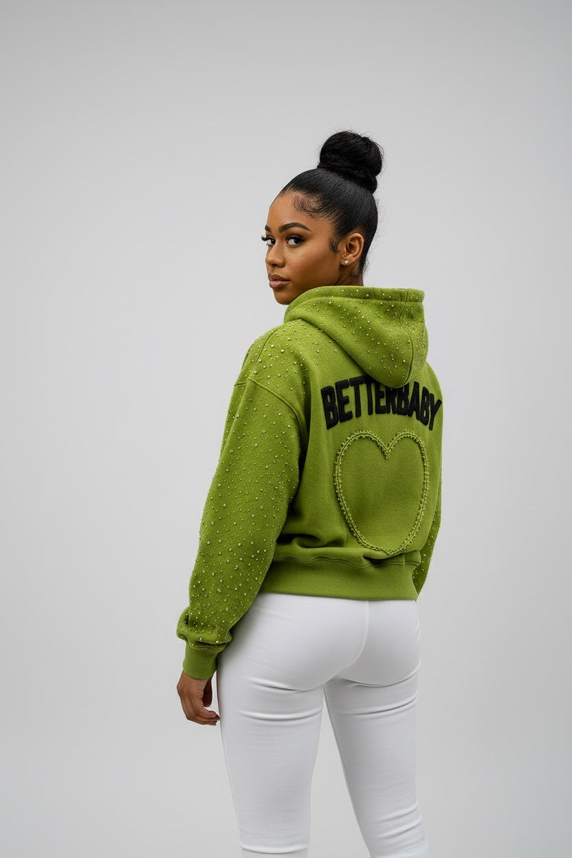 TCBetterBaby green rhinestone hoodie back view with BETTERBABY and heart detail
