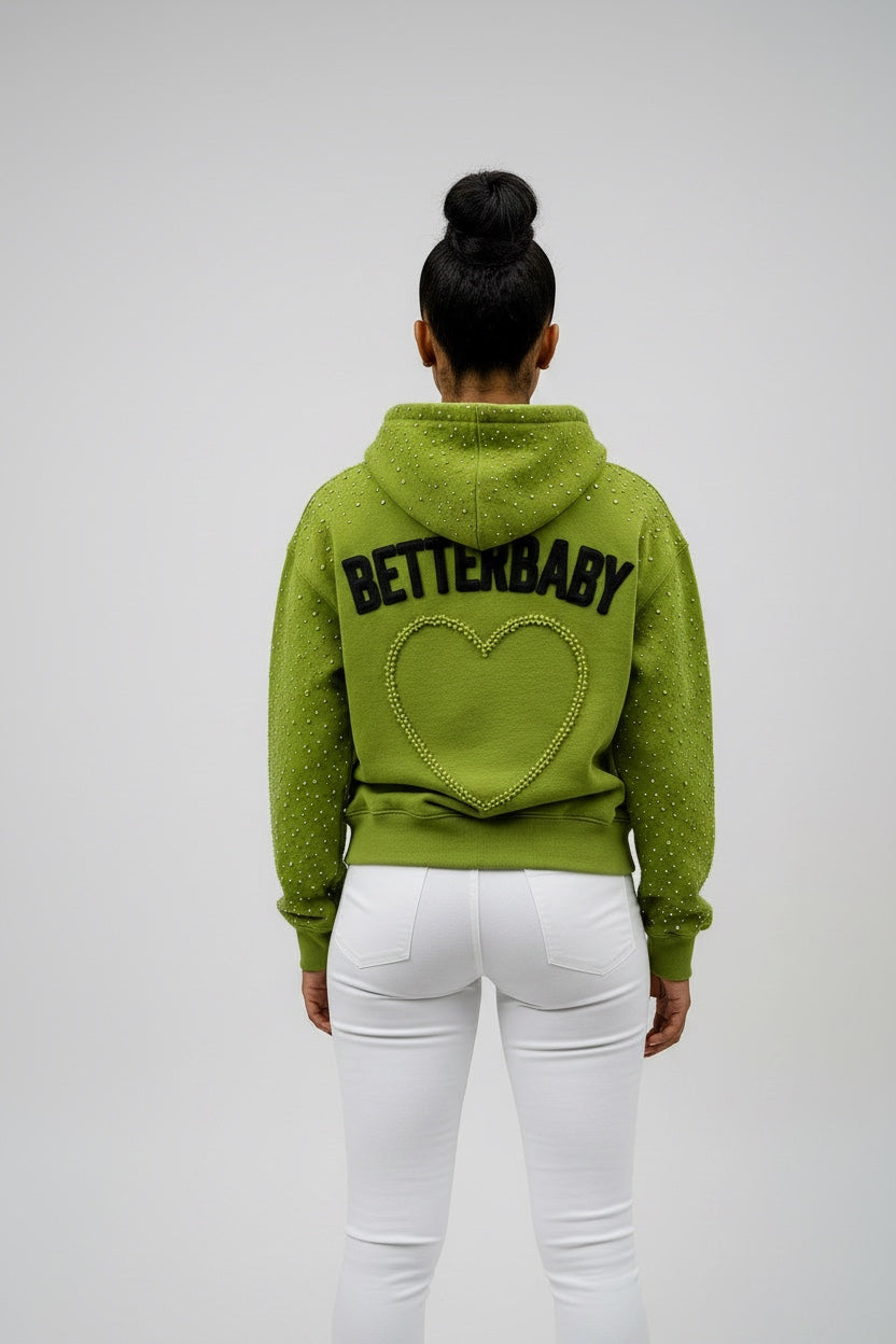 TCBetterBaby green rhinestone hoodie full back studio view with BETTERBABY and heart