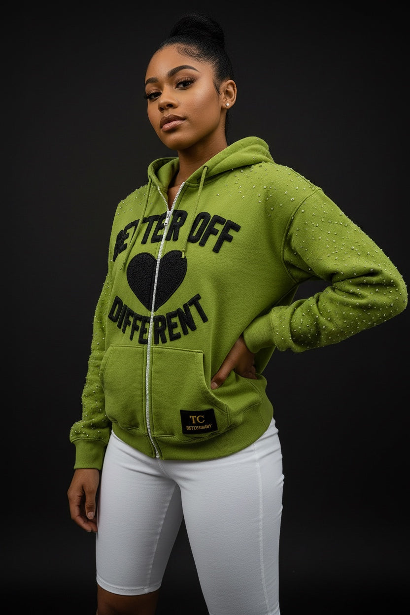 TCBetterBaby green rhinestone zip hoodie front view with Better Off Different graphic