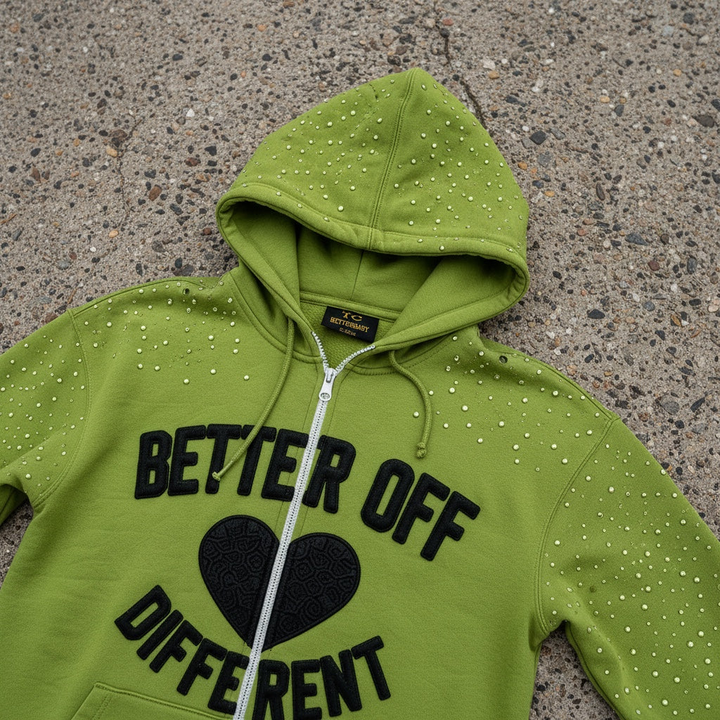 TC BetterBaby Better Off Different green rhinestone zip hoodie front detail