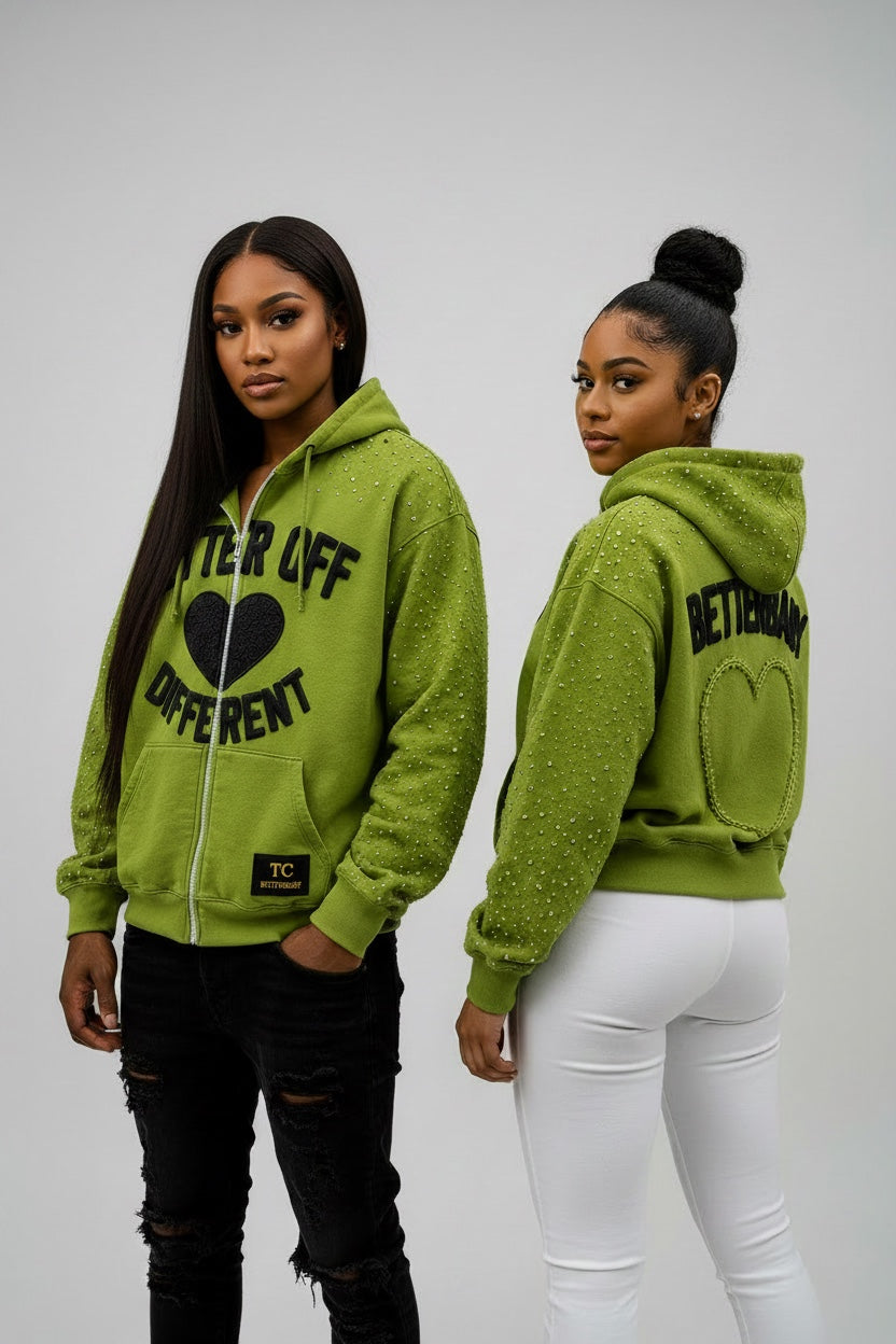 TC BetterBaby green rhinestone hoodie front and back model views
