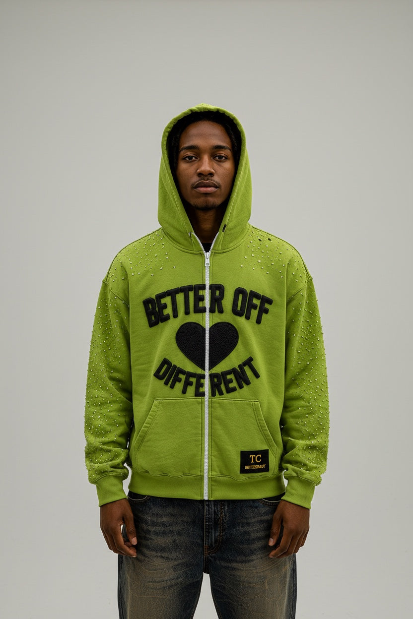 TC BetterBaby Better Off Different rhinestone zip hoodie male front view